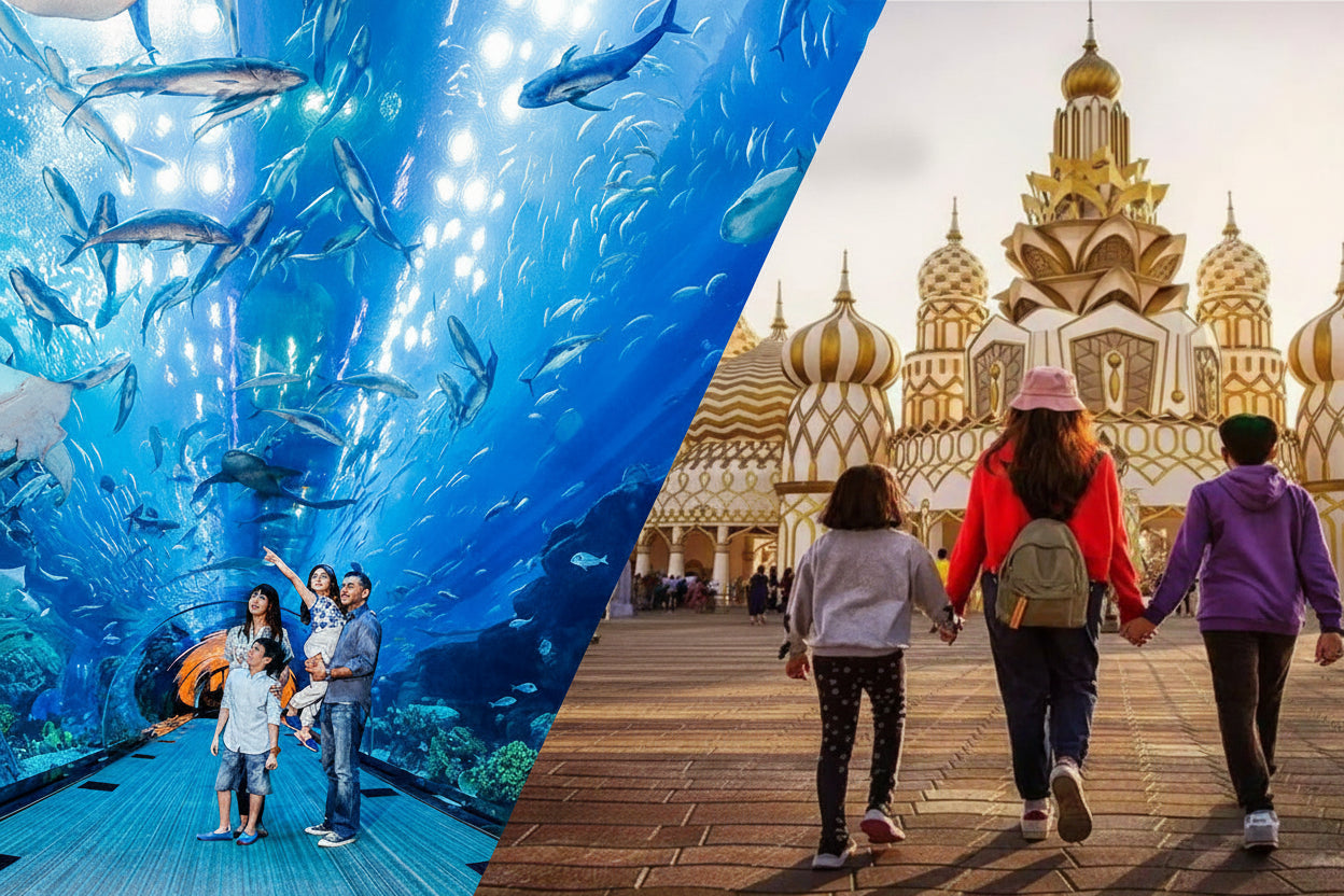 Promotional image for Dubai Aquarium and Underwater Zoo tickets, featuring an overlay of the aquarium's logo and a family walking through the Global Village marketplace, with text offering free tickets from AED 43 and highlighting the attraction as a 'Floating Market'.