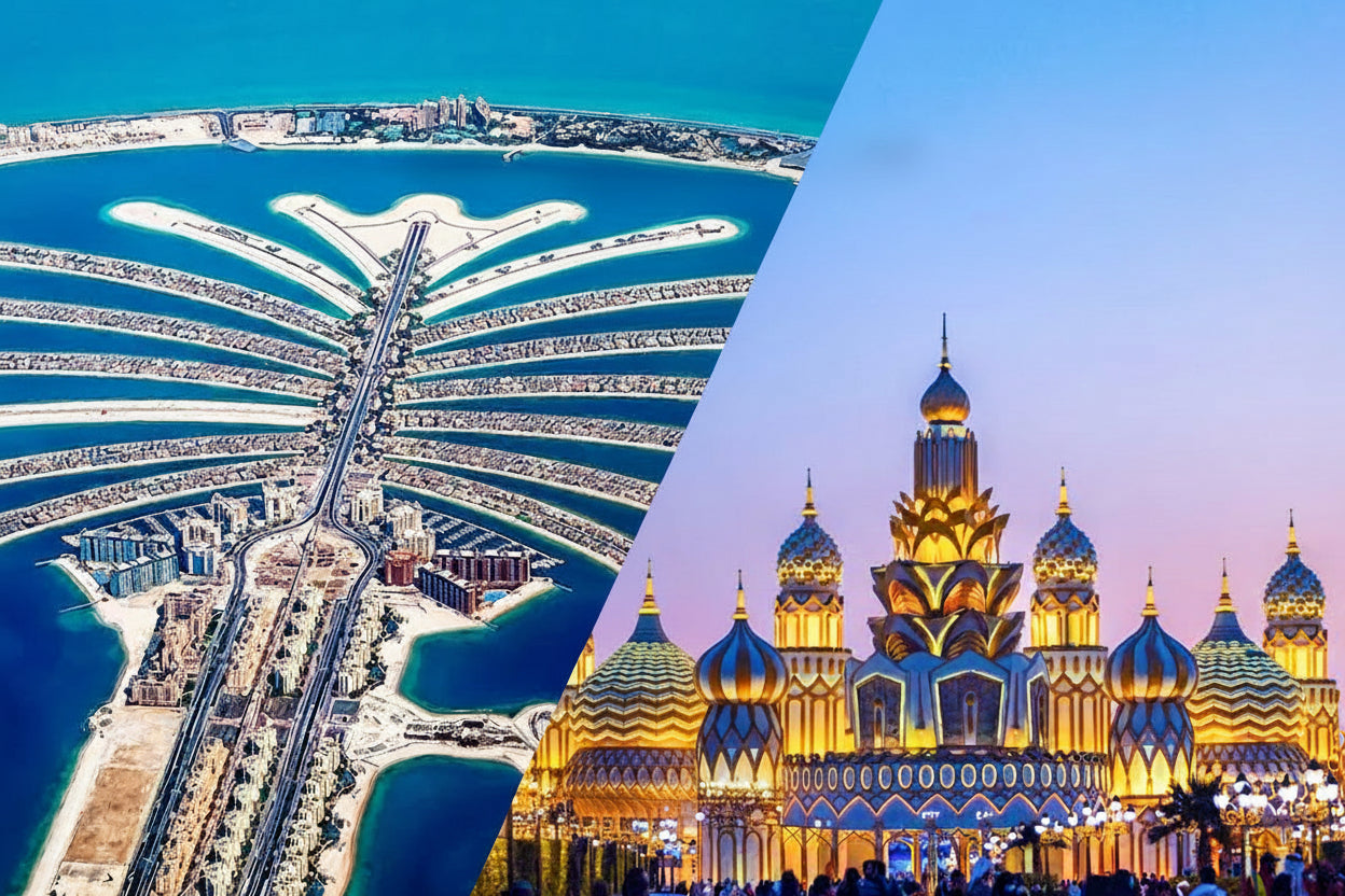 Promotional image for 'The View At The Palm' and 'Global Village' tickets, featuring aerial views of Dubai's Palm Jumeirah and the Global Village entertainment complex.
