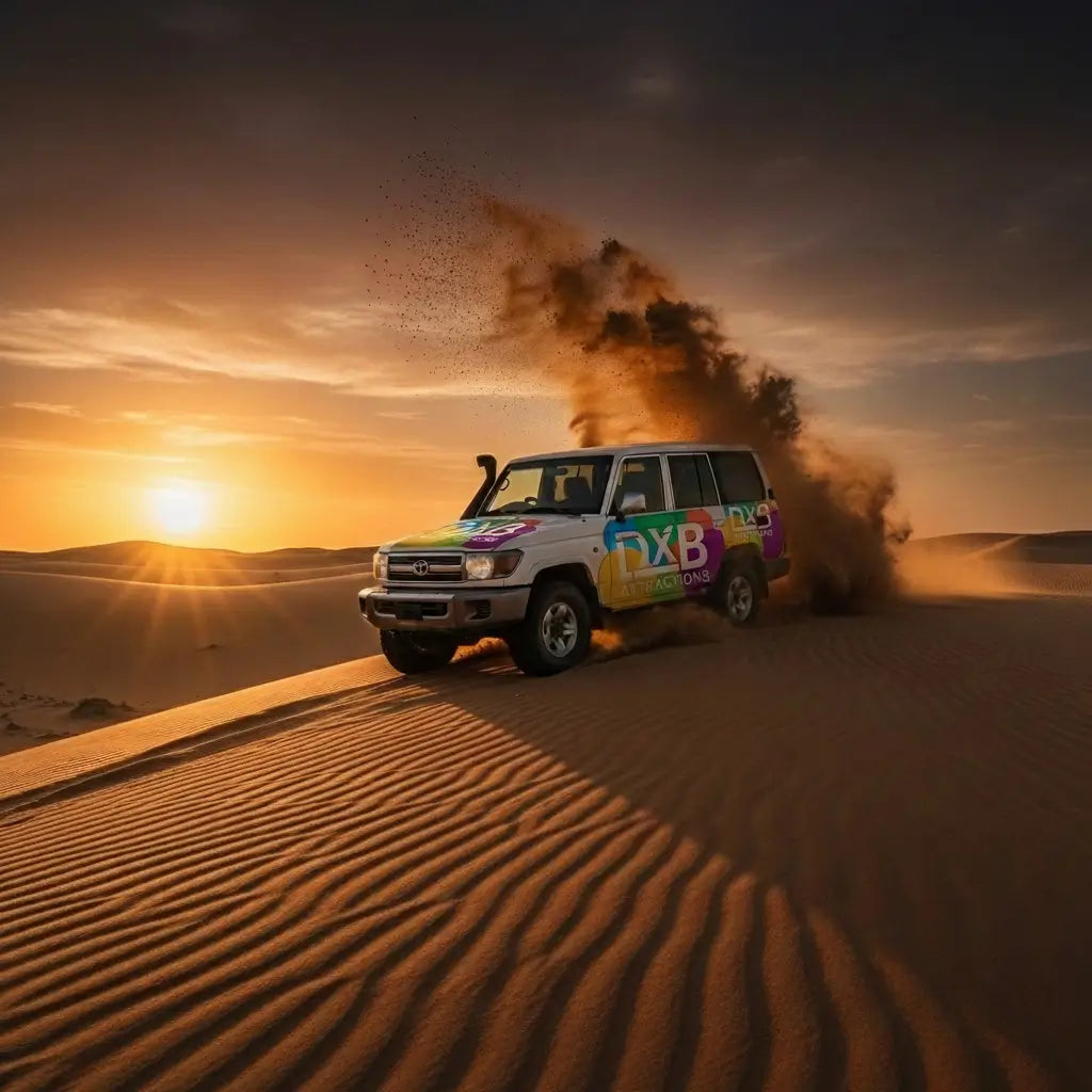 Off-road vehicle driving on sand dunes with a colorful design at sunset.