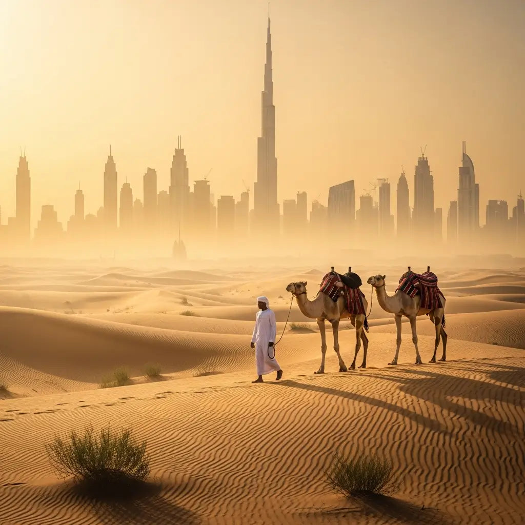 Camel caravan with a Dubai skyline in the background
