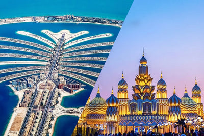 Promotional image for 'The View At The Palm' and 'Global Village' tickets, featuring aerial views of Dubai's Palm Jumeirah and the Global Village entertainment complex.