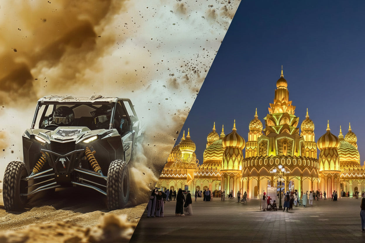 Promotional image for an evening desert safari and BBQ dinner package, featuring a 4x4 vehicle in a desert environment, with the text 'Evening Desert Safari' and 'BBQ Dinner' from a company promoting the event, along with the Global Village Dubai tickets logo and a 'From AED 30' price tag.