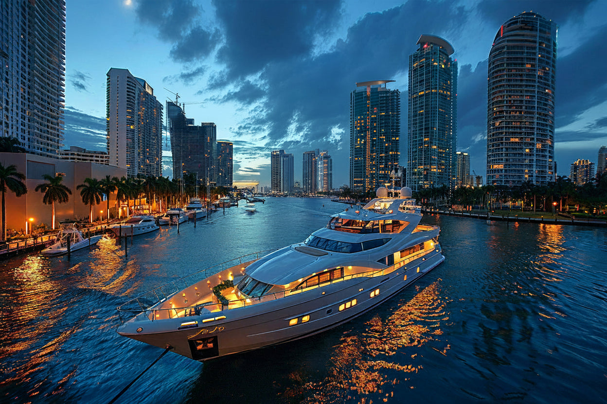 Promotional image for a Dhow Cruise event with a cityscape background featuring skyscrapers and a large yacht.