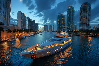 Promotional image for a Dhow Cruise event with a cityscape background featuring skyscrapers and a large yacht.