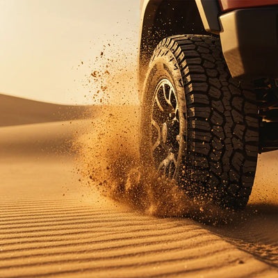 Tire of a vehicle driving on sand with dust being kicked up