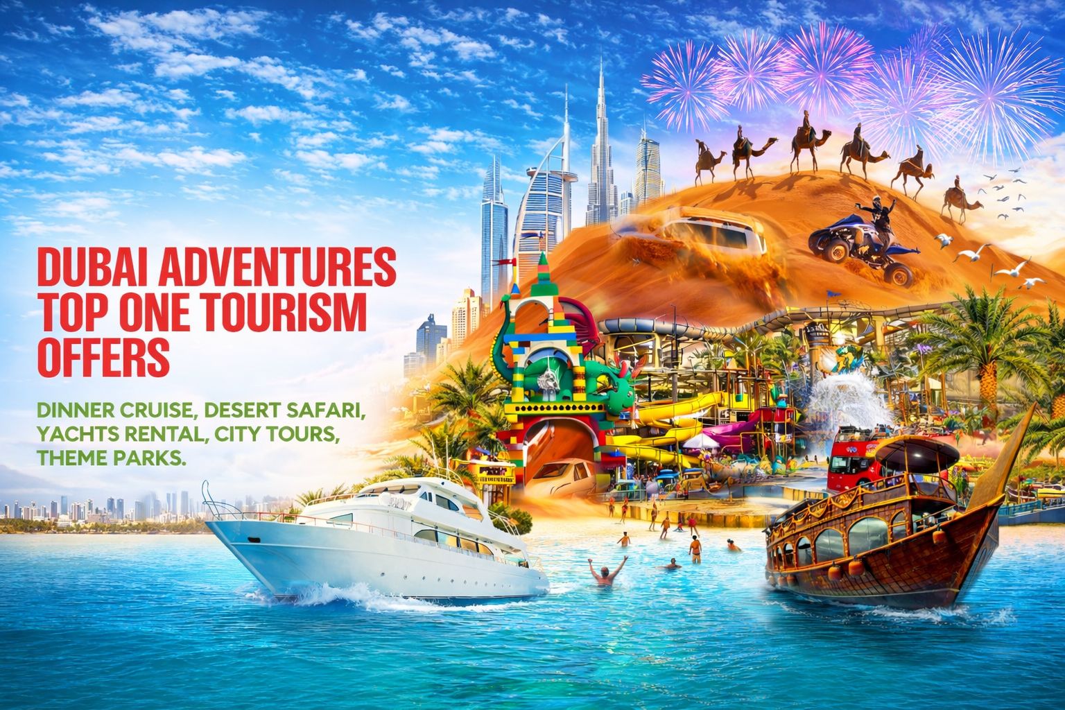 Promotional image of Dubai with attractions and text about tourism offers.