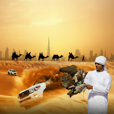 Desert scene with a man holding an eagle, cars racing, and a city skyline in the background.