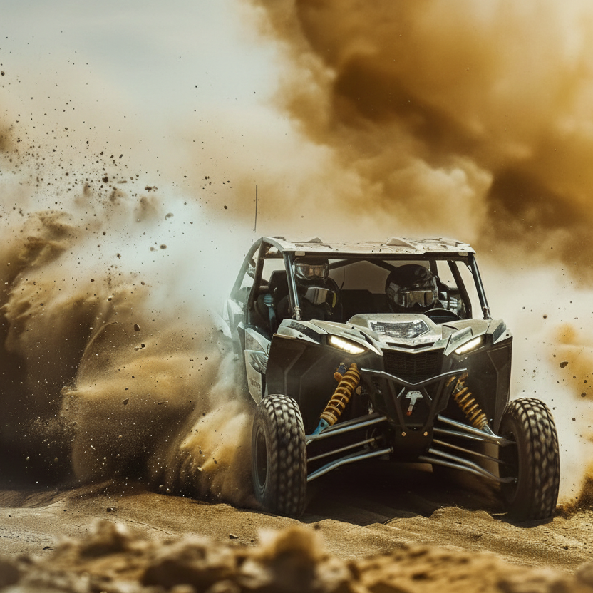 Dirt bike kicking up dust in a desert setting